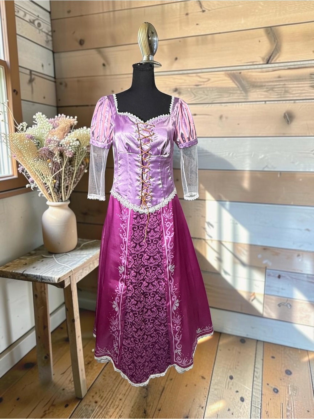 Romantic Two-Tone Lavender and Magenta Midi Dress with Lace-Up Bodice